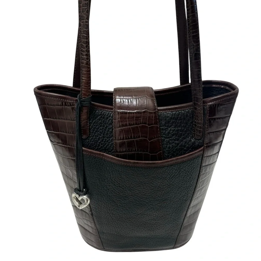 Brighton Black Leather Brown Croc Embossed Silver Bead‎ Two Handle Shoulder Bag